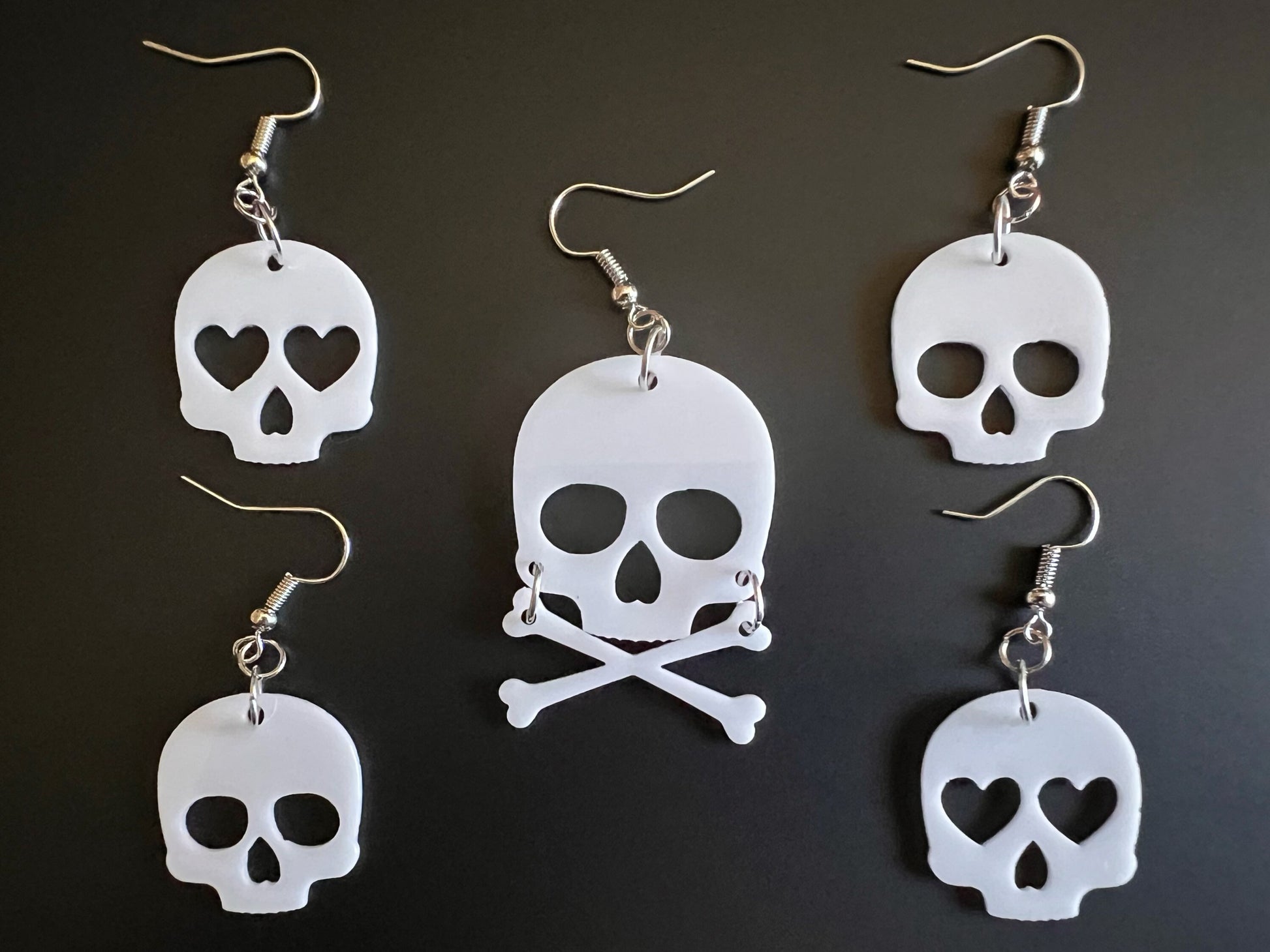 Skull Earrings with Heart: Laser Cut Acrylic Skulls, Halloween, Cross Bones, Spooky, Best Gifts for Her/Him/Them