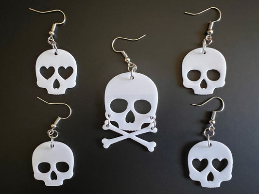 Skull Earrings with Heart: Laser Cut Acrylic Skulls, Halloween, Cross Bones, Spooky, Best Gifts for Her/Him/Them