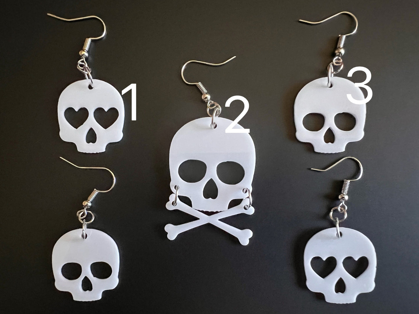 Skull Earrings with Heart: Laser Cut Acrylic Skulls, Halloween, Cross Bones, Spooky, Best Gifts for Her/Him/Them