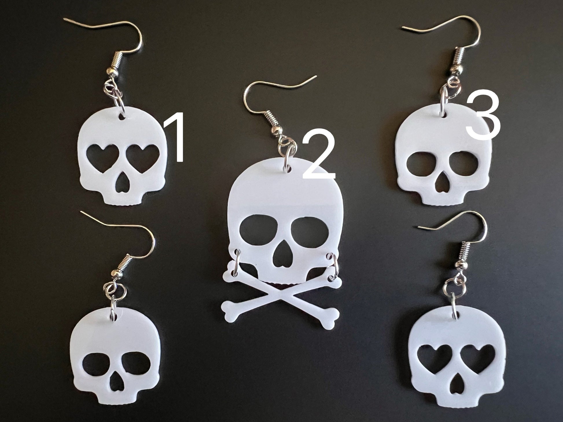 Skull Earrings with Heart: Laser Cut Acrylic Skulls, Halloween, Cross Bones, Spooky, Best Gifts for Her/Him/Them