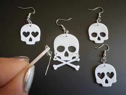 Skull Earrings with Heart: Laser Cut Acrylic Skulls, Halloween, Cross Bones, Spooky, Best Gifts for Her/Him/Them