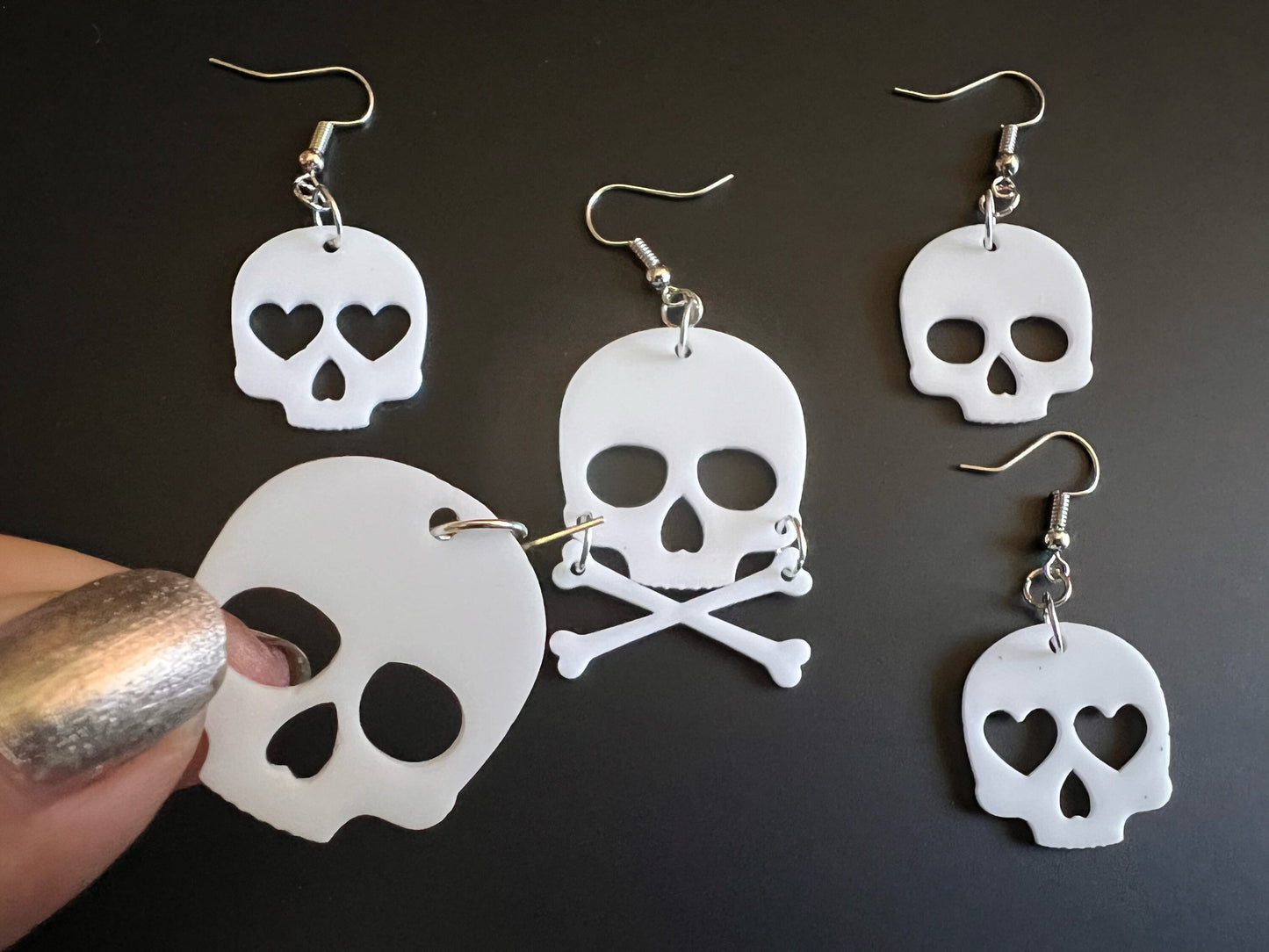 Skull Earrings with Heart: Laser Cut Acrylic Skulls, Halloween, Cross Bones, Spooky, Best Gifts for Her/Him/Them
