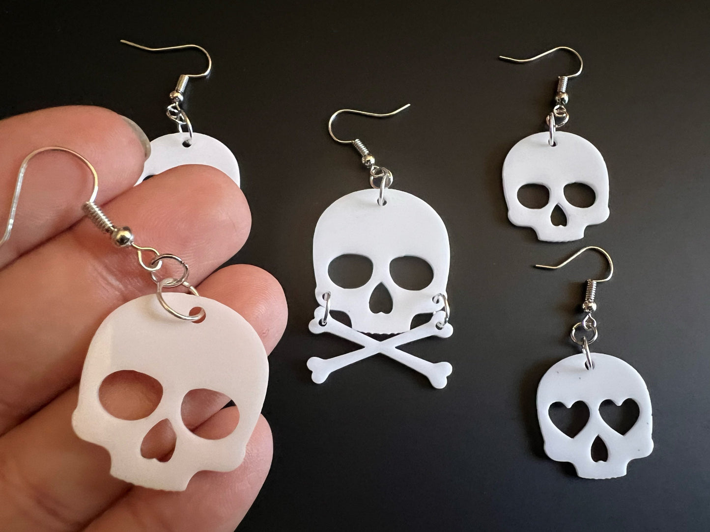 Skull Earrings with Heart: Laser Cut Acrylic Skulls, Halloween, Cross Bones, Spooky, Best Gifts for Her/Him/Them