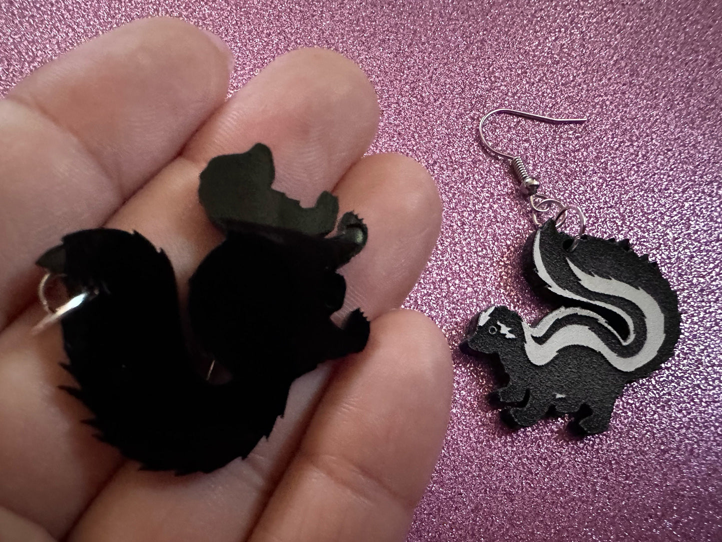 Skunk Earrings: Laser Cut Acrylic Skunks, Stinky Fart, Deadly Fart, Halloween, Animal, Novelty, Smelly, Zoo, Best Gifts for Her/Him/Them