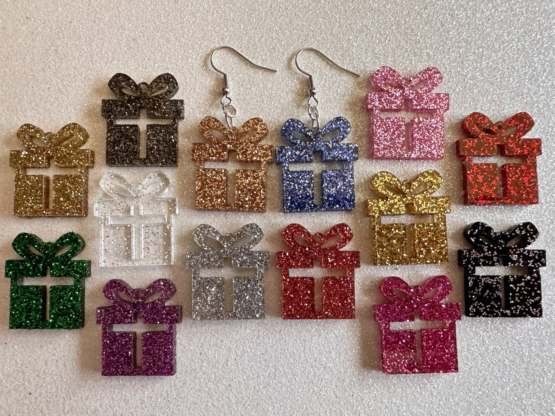 Small Glittery Christmas Present Earrings: Laser Cut Acrylic Presents, Xmas, X-mas, Sparkly Shiny Gift, Birthday, Gifts for Her/Him/Them