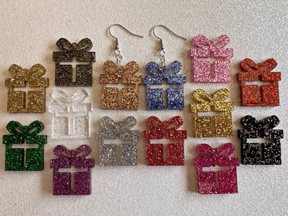 Small Glittery Christmas Present Earrings: Laser Cut Acrylic Presents, Xmas, X-mas, Sparkly Shiny Gift, Birthday, Gifts for Her/Him/Them