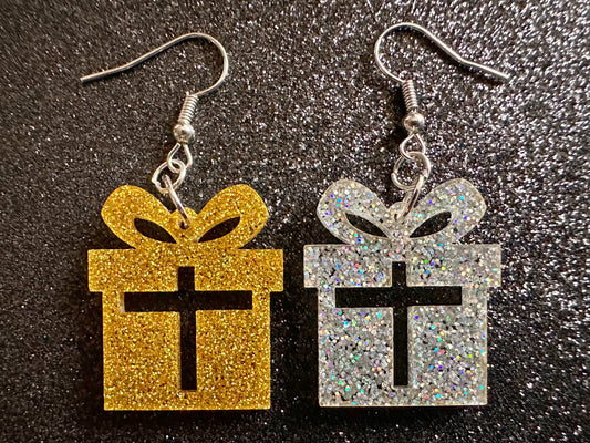 Small Glittery Christmas Present Earrings: Laser Cut Acrylic Presents, Xmas, X-mas, Sparkly Shiny Gift, Birthday, Gifts for Her/Him/Them