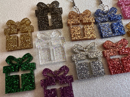 Small Glittery Christmas Present Earrings: Laser Cut Acrylic Presents, Xmas, X-mas, Sparkly Shiny Gift, Birthday, Gifts for Her/Him/Them
