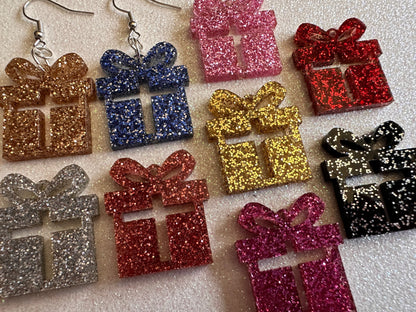Small Glittery Christmas Present Earrings: Laser Cut Acrylic Presents, Xmas, X-mas, Sparkly Shiny Gift, Birthday, Gifts for Her/Him/Them