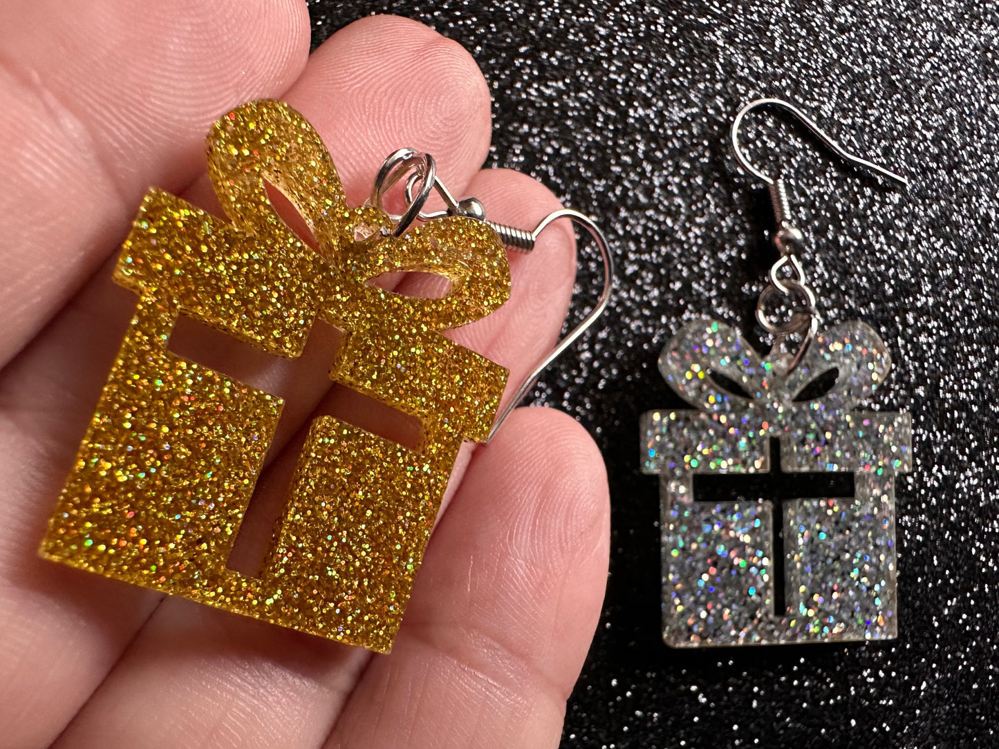 Small Glittery Christmas Present Earrings: Laser Cut Acrylic Presents, Xmas, X-mas, Sparkly Shiny Gift, Birthday, Gifts for Her/Him/Them