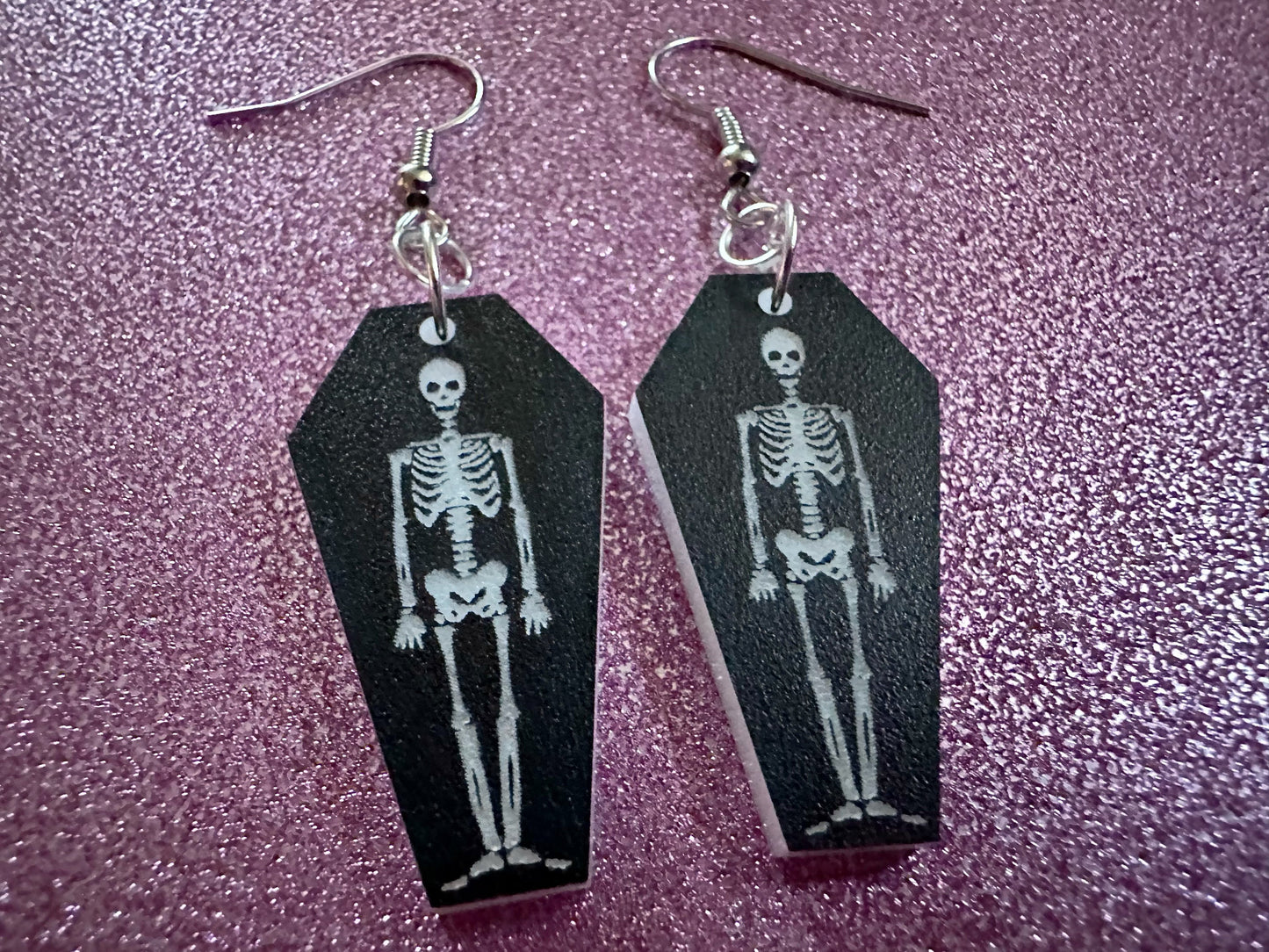 Small Skeleton in Coffin Earrings: Laser Cut Acrylic Skeletons, Coffins, Halloween, Scary, Holiday, Bones, Best Gifts for Her/Him/Them