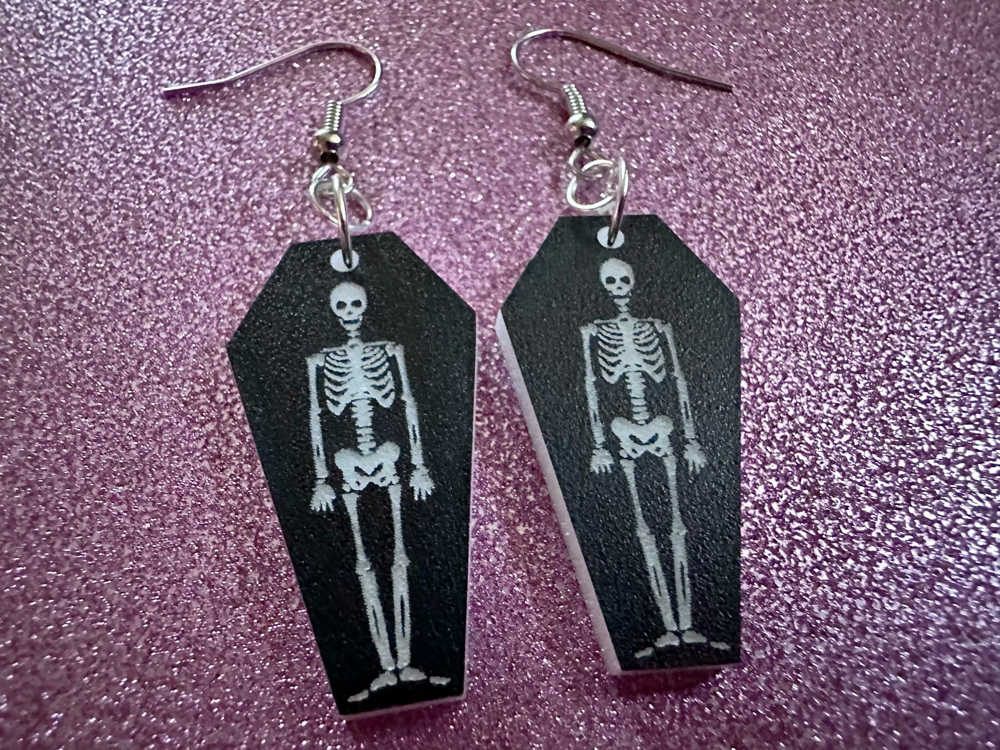 Small Skeleton in Coffin Earrings: Laser Cut Acrylic Skeletons, Coffins, Halloween, Scary, Holiday, Bones, Best Gifts for Her/Him/Them
