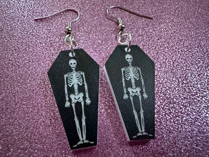 Small Skeleton in Coffin Earrings: Laser Cut Acrylic Skeletons, Coffins, Halloween, Scary, Holiday, Bones, Best Gifts for Her/Him/Them