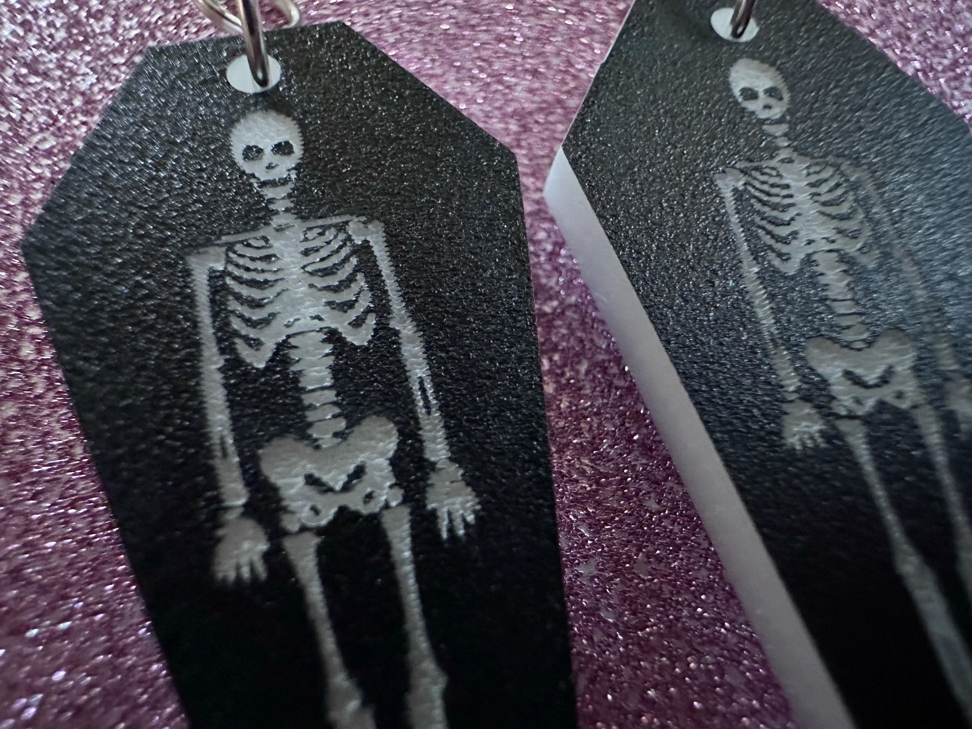 Small Skeleton in Coffin Earrings: Laser Cut Acrylic Skeletons, Coffins, Halloween, Scary, Holiday, Bones, Best Gifts for Her/Him/Them