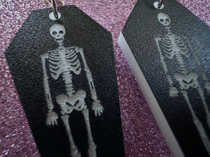 Small Skeleton in Coffin Earrings: Laser Cut Acrylic Skeletons, Coffins, Halloween, Scary, Holiday, Bones, Best Gifts for Her/Him/Them