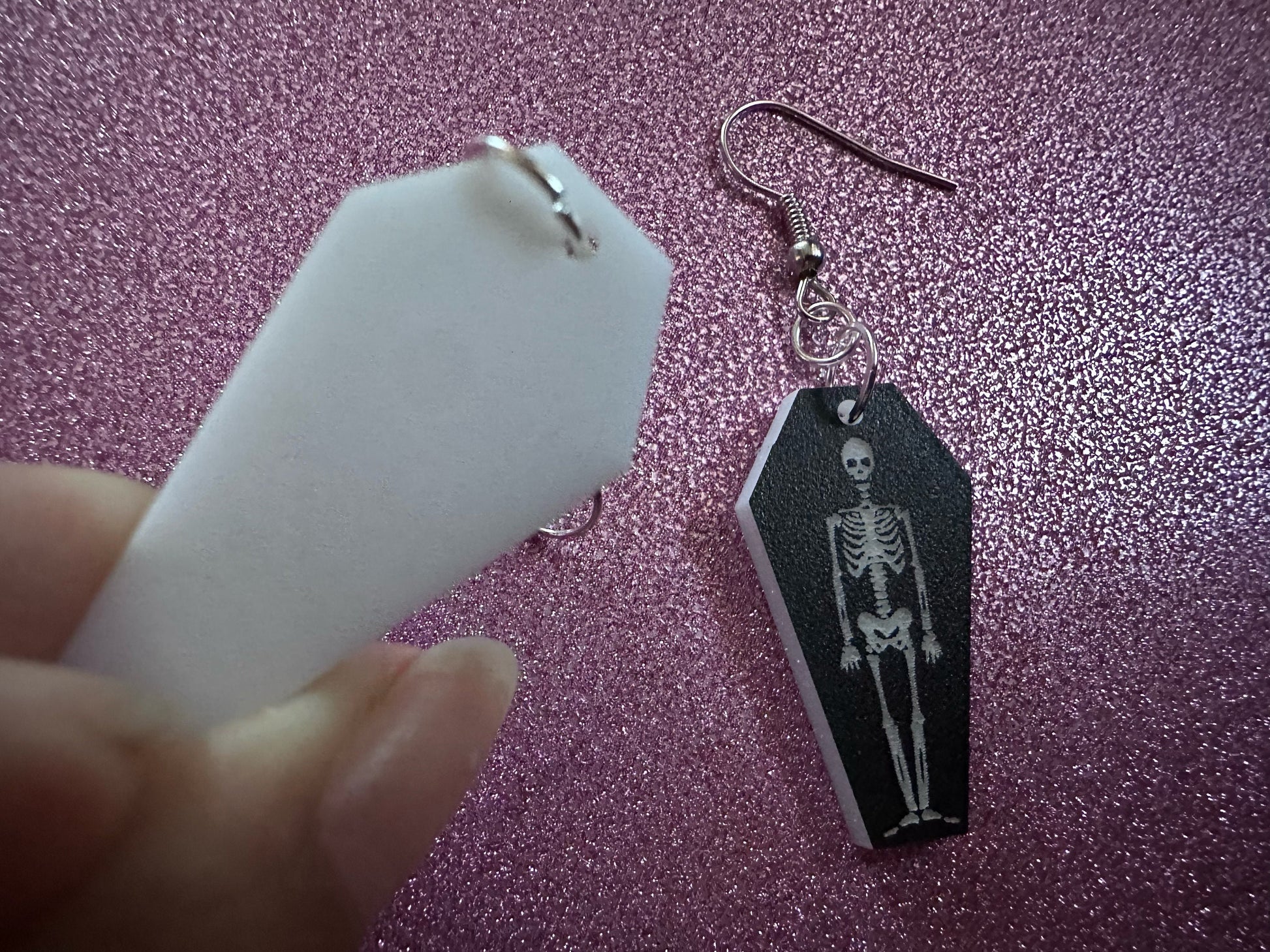 Small Skeleton in Coffin Earrings: Laser Cut Acrylic Skeletons, Coffins, Halloween, Scary, Holiday, Bones, Best Gifts for Her/Him/Them