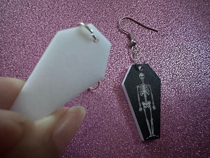 Small Skeleton in Coffin Earrings: Laser Cut Acrylic Skeletons, Coffins, Halloween, Scary, Holiday, Bones, Best Gifts for Her/Him/Them