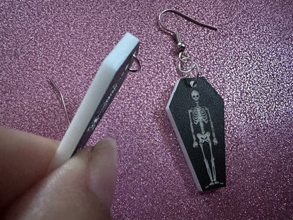 Small Skeleton in Coffin Earrings: Laser Cut Acrylic Skeletons, Coffins, Halloween, Scary, Holiday, Bones, Best Gifts for Her/Him/Them