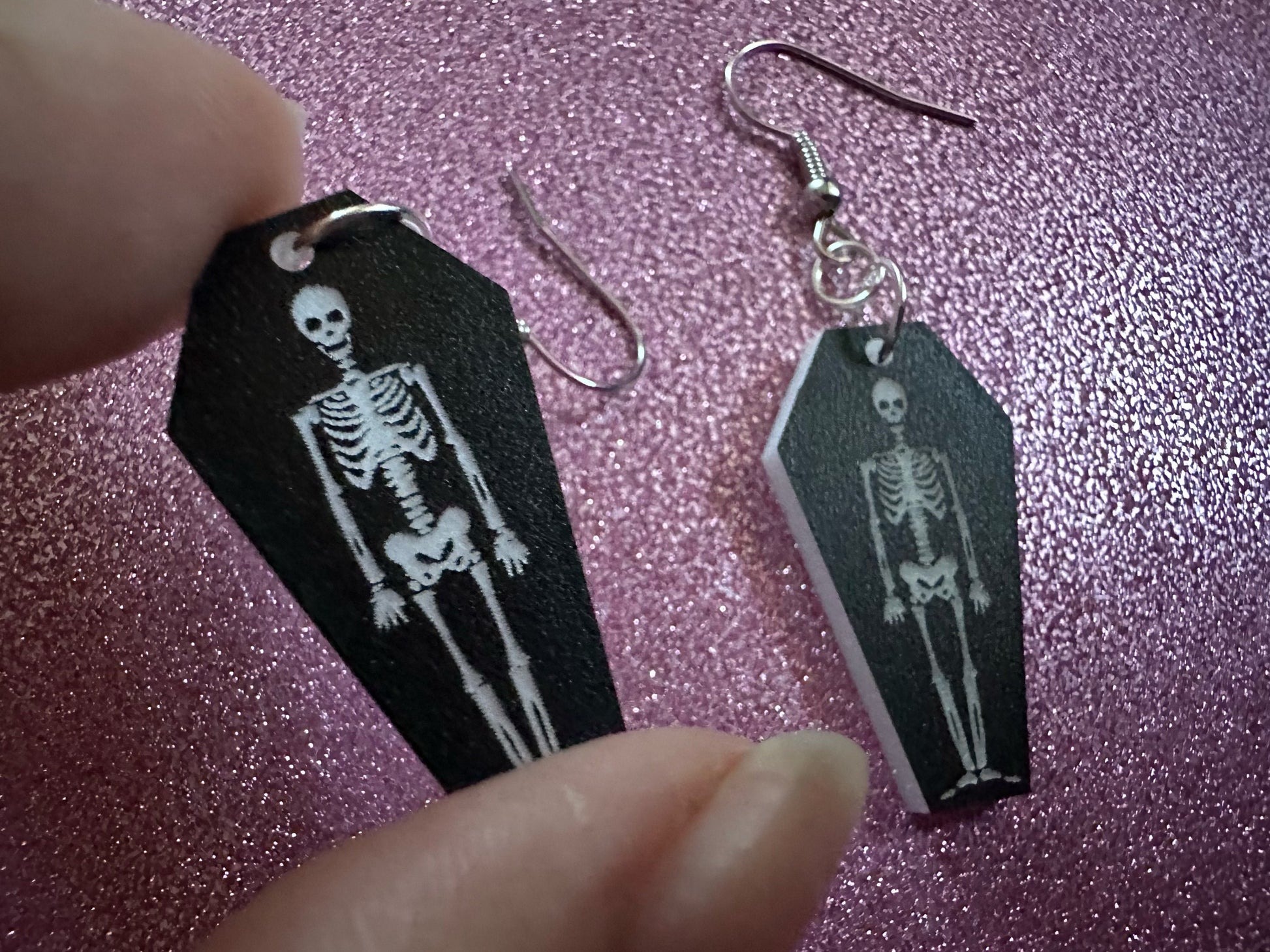 Small Skeleton in Coffin Earrings: Laser Cut Acrylic Skeletons, Coffins, Halloween, Scary, Holiday, Bones, Best Gifts for Her/Him/Them