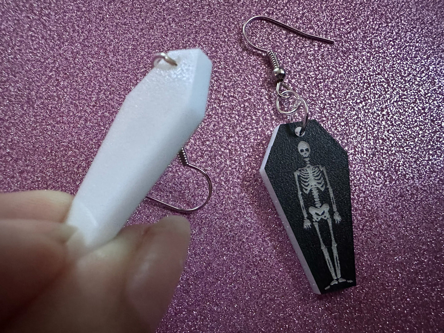 Small Skeleton in Coffin Earrings: Laser Cut Acrylic Skeletons, Coffins, Halloween, Scary, Holiday, Bones, Best Gifts for Her/Him/Them