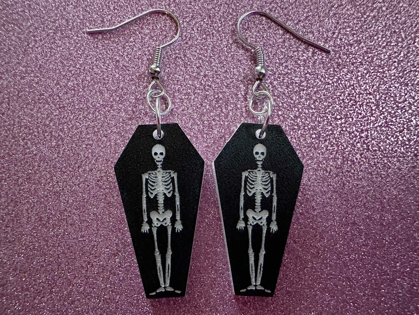 Small Skeleton in Coffin Earrings: Laser Cut Acrylic Skeletons, Coffins, Halloween, Scary, Holiday, Bones, Best Gifts for Her/Him/Them