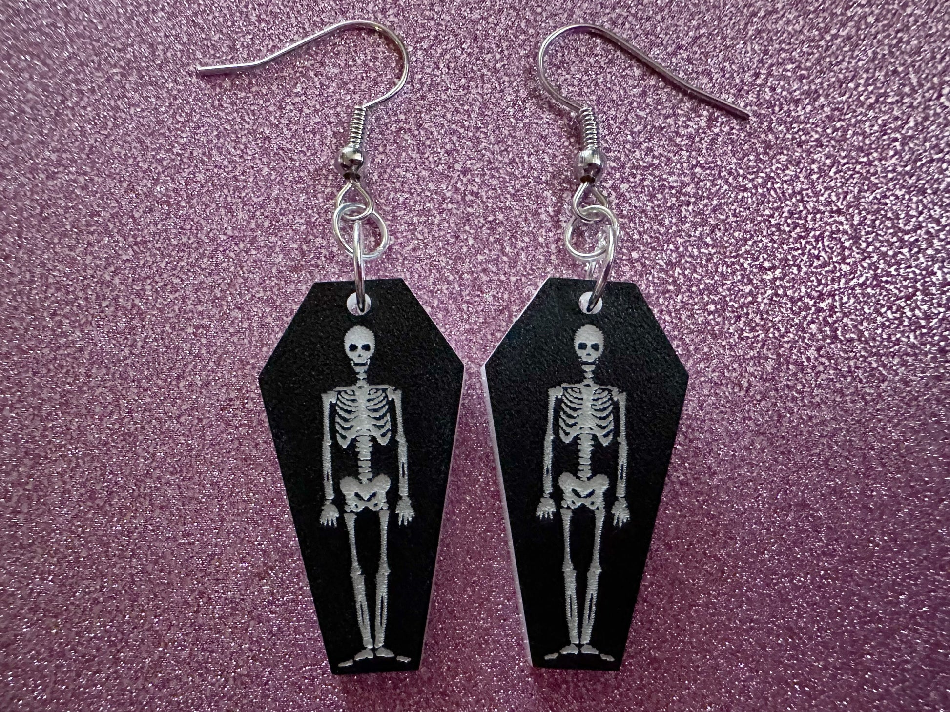 Small Skeleton in Coffin Earrings: Laser Cut Acrylic Skeletons, Coffins, Halloween, Scary, Holiday, Bones, Best Gifts for Her/Him/Them