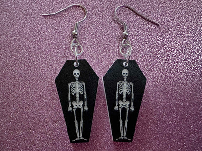 Small Skeleton in Coffin Earrings: Laser Cut Acrylic Skeletons, Coffins, Halloween, Scary, Holiday, Bones, Best Gifts for Her/Him/Them