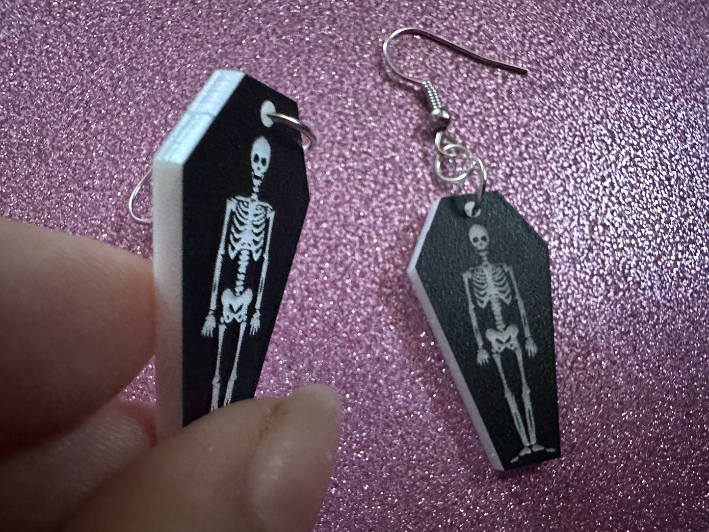 Small Skeleton in Coffin Earrings: Laser Cut Acrylic Skeletons, Coffins, Halloween, Scary, Holiday, Bones, Best Gifts for Her/Him/Them