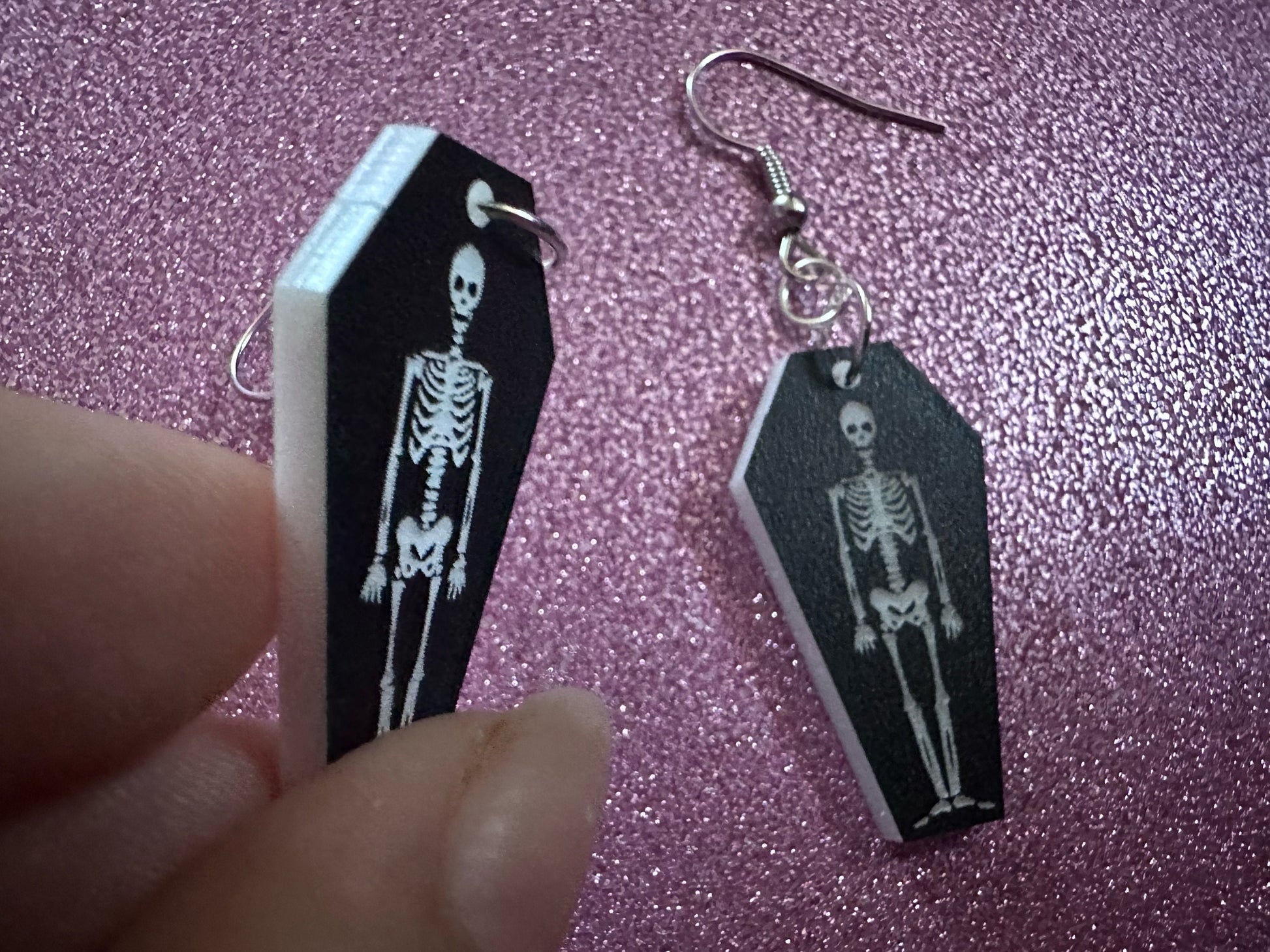Small Skeleton in Coffin Earrings: Laser Cut Acrylic Skeletons, Coffins, Halloween, Scary, Holiday, Bones, Best Gifts for Her/Him/Them