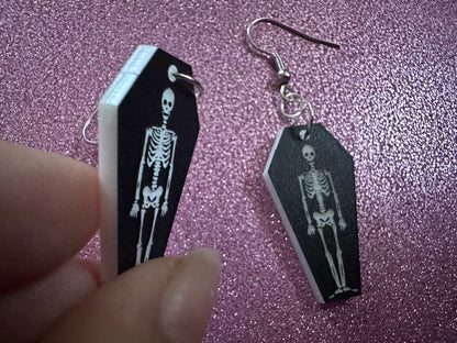 Small Skeleton in Coffin Earrings: Laser Cut Acrylic Skeletons, Coffins, Halloween, Scary, Holiday, Bones, Best Gifts for Her/Him/Them