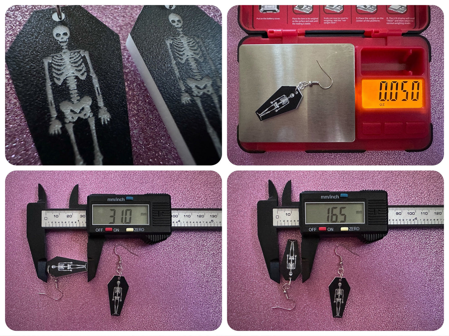 Small Skeleton in Coffin Earrings: Laser Cut Acrylic Skeletons, Coffins, Halloween, Scary, Holiday, Bones, Best Gifts for Her/Him/Them
