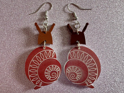 Snail Earrings: Laser Cut Acrylic Snails, Novelty Earrings, Mollusks, Bug, Shells, Engraved Snails Animal Insect, Best Gift for Her/Him/Them