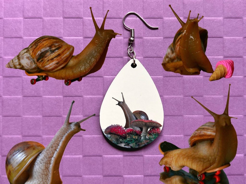 Snail Earrings: Snail on Amanita Mushroom Earrings, Cottage Core, Mushroom Jewelry, Snails, Sublimated, Best Gifts for Her/Him/Them