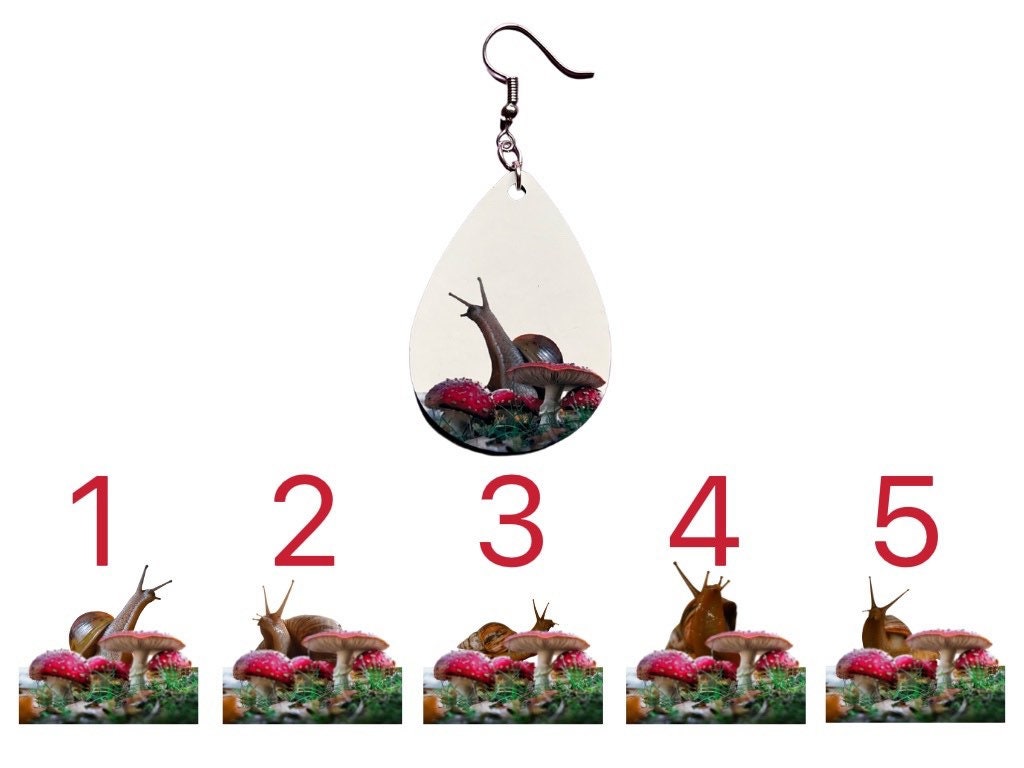 Snail Earrings: Snail on Amanita Mushroom Earrings, Cottage Core, Mushroom Jewelry, Snails, Sublimated, Best Gifts for Her/Him/Them