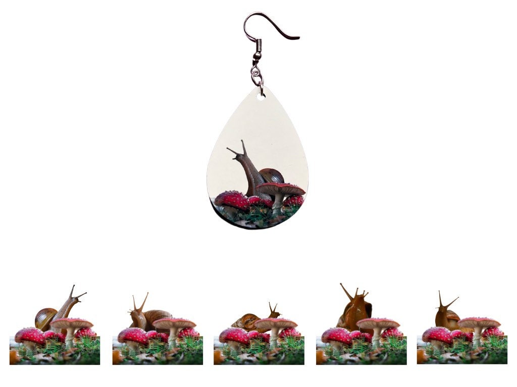 Snail Earrings: Snail on Amanita Mushroom Earrings, Cottage Core, Mushroom Jewelry, Snails, Sublimated, Best Gifts for Her/Him/Them