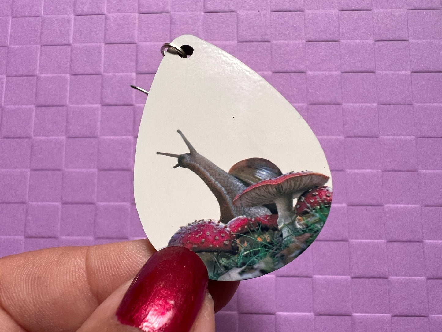 Snail Earrings: Snail on Amanita Mushroom Earrings, Cottage Core, Mushroom Jewelry, Snails, Sublimated, Best Gifts for Her/Him/Them