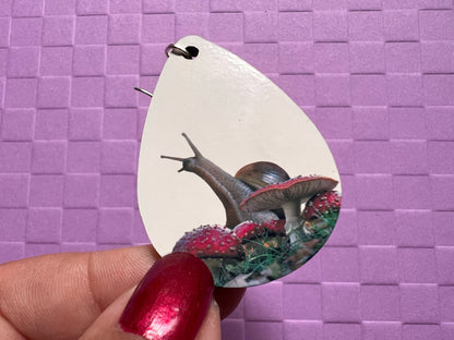 Snail Earrings: Snail on Amanita Mushroom Earrings, Cottage Core, Mushroom Jewelry, Snails, Sublimated, Best Gifts for Her/Him/Them