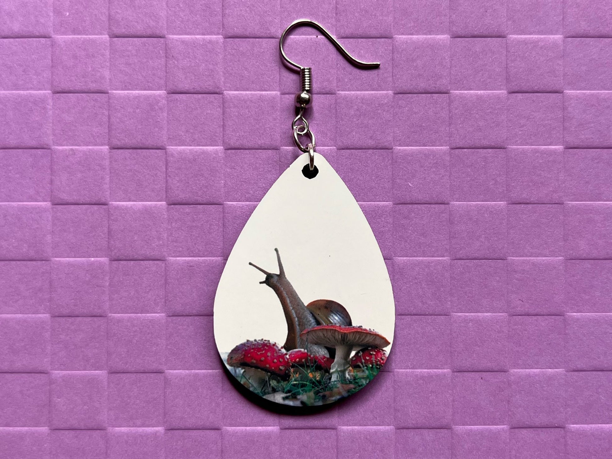 Snail Earrings: Snail on Amanita Mushroom Earrings, Cottage Core, Mushroom Jewelry, Snails, Sublimated, Best Gifts for Her/Him/Them