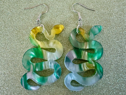 Snake Earrings: Laser Cut Acrylic Snakes, Reptile, Zoo, Nope Rope Halloween Cobra Animals, Shiny Green Earrings, Best Gifts for Her/Him/Them