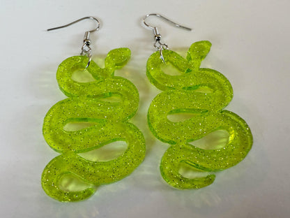 Snake Earrings: Laser Cut Acrylic Snakes, Reptile, Zoo, Nope Rope Halloween Cobra Animals, Shiny Green Earrings, Best Gifts for Her/Him/Them