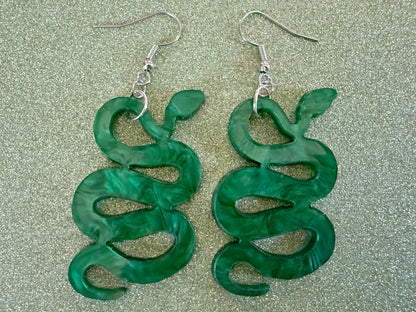 Snake Earrings: Laser Cut Acrylic Snakes, Reptile, Zoo, Nope Rope Halloween Cobra Animals, Shiny Green Earrings, Best Gifts for Her/Him/Them