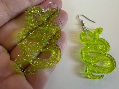 Snake Earrings: Laser Cut Acrylic Snakes, Reptile, Zoo, Nope Rope Halloween Cobra Animals, Shiny Green Earrings, Best Gifts for Her/Him/Them