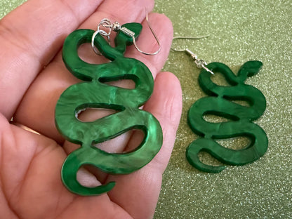 Snake Earrings: Laser Cut Acrylic Snakes, Reptile, Zoo, Nope Rope Halloween Cobra Animals, Shiny Green Earrings, Best Gifts for Her/Him/Them