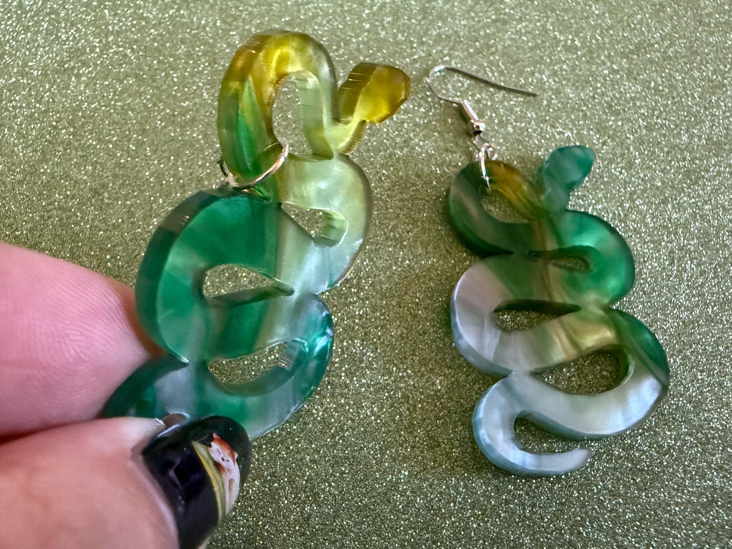 Snake Earrings: Laser Cut Acrylic Snakes, Reptile, Zoo, Nope Rope Halloween Cobra Animals, Shiny Green Earrings, Best Gifts for Her/Him/Them