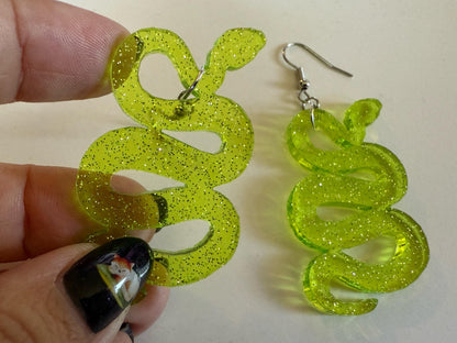 Snake Earrings: Laser Cut Acrylic Snakes, Reptile, Zoo, Nope Rope Halloween Cobra Animals, Shiny Green Earrings, Best Gifts for Her/Him/Them