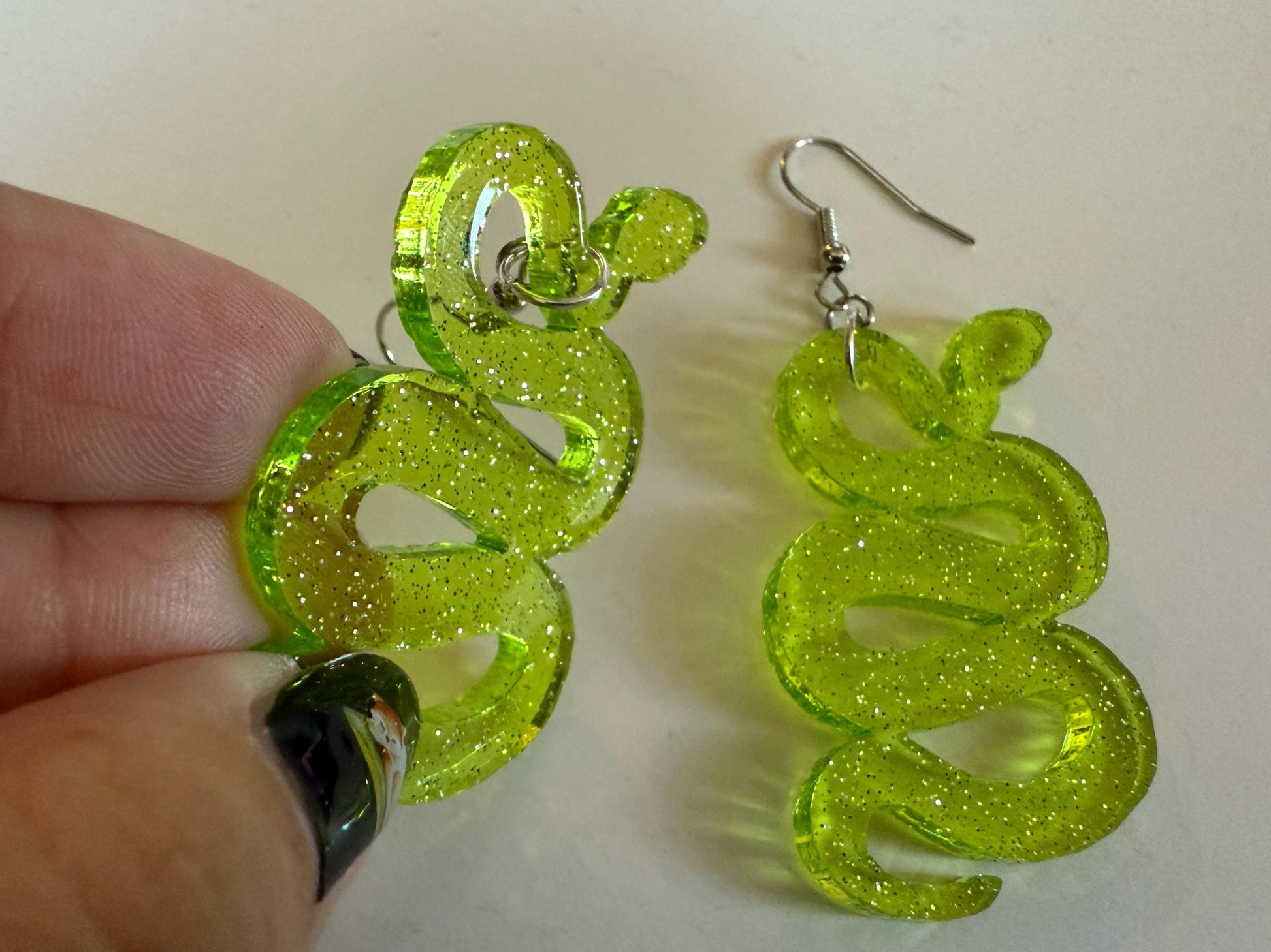 Snake Earrings: Laser Cut Acrylic Snakes, Reptile, Zoo, Nope Rope Halloween Cobra Animals, Shiny Green Earrings, Best Gifts for Her/Him/Them