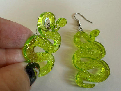 Snake Earrings: Laser Cut Acrylic Snakes, Reptile, Zoo, Nope Rope Halloween Cobra Animals, Shiny Green Earrings, Best Gifts for Her/Him/Them