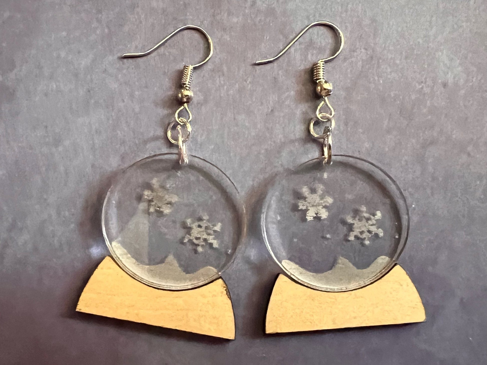 Snow Globe Earrings: Christmas, Holidays, Winter, Snowy, Gift, Present, Laser Cut Acrylic & Wood, Best Gifts for Her/Him/Them