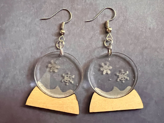 Snow Globe Earrings: Christmas, Holidays, Winter, Snowy, Gift, Present, Laser Cut Acrylic & Wood, Best Gifts for Her/Him/Them
