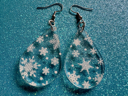 Snowflake Earrings: Laser Cut Acrylic Snowflakes, Teardrop Earrings, White Christmas, Snowing, Snow Storm, Winter, Gifts for Her/Him/Them